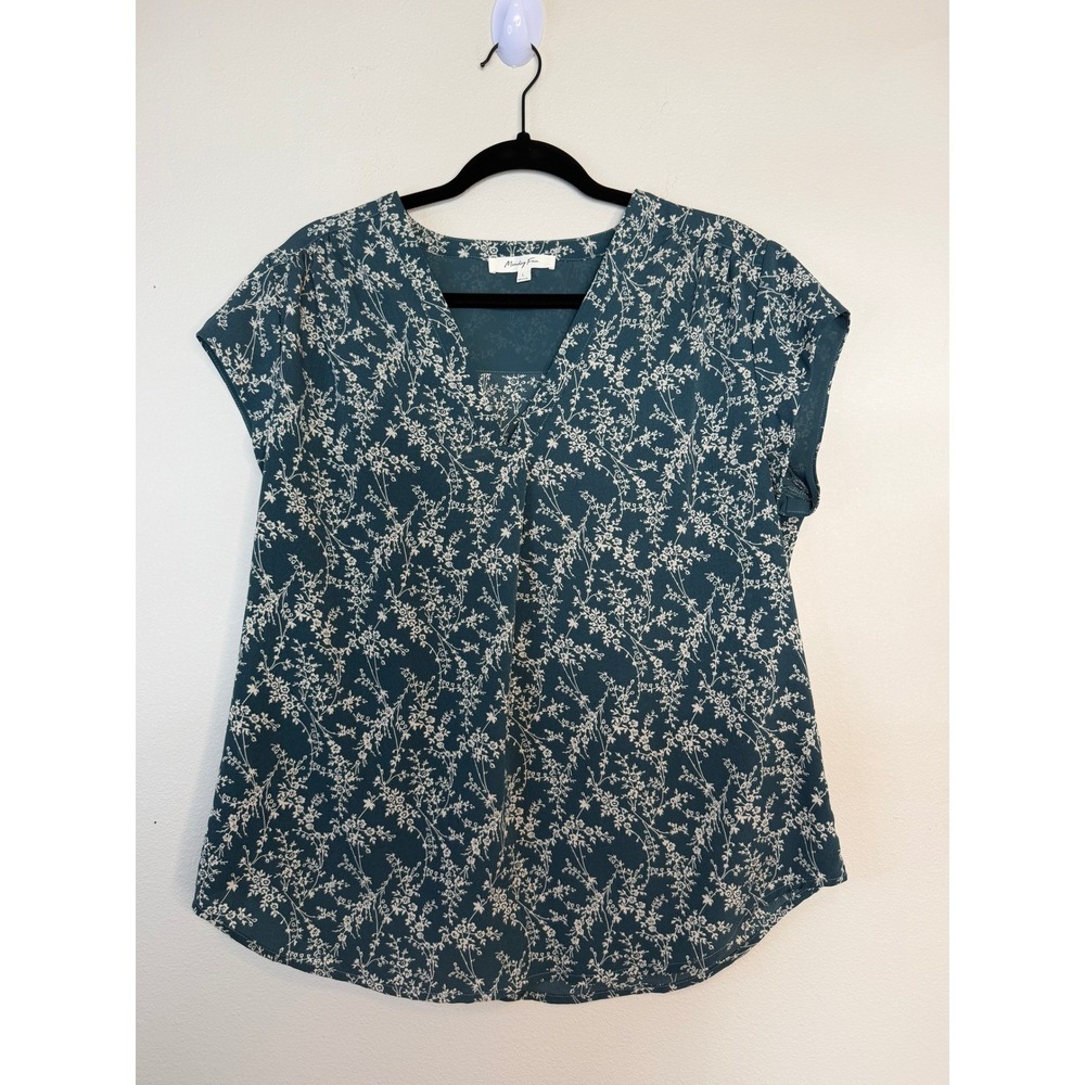 Monday Fun Women's Floral V-Neck Blouse Teal Blue Short Sleeve Top Large